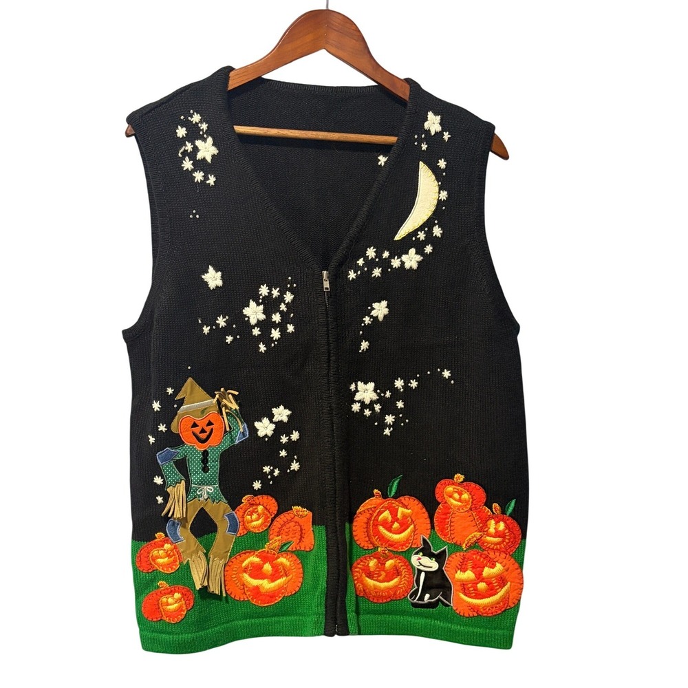Vintage White Stag Halloween Pumpkin Scarecrow Zip Front sweater Vest XL